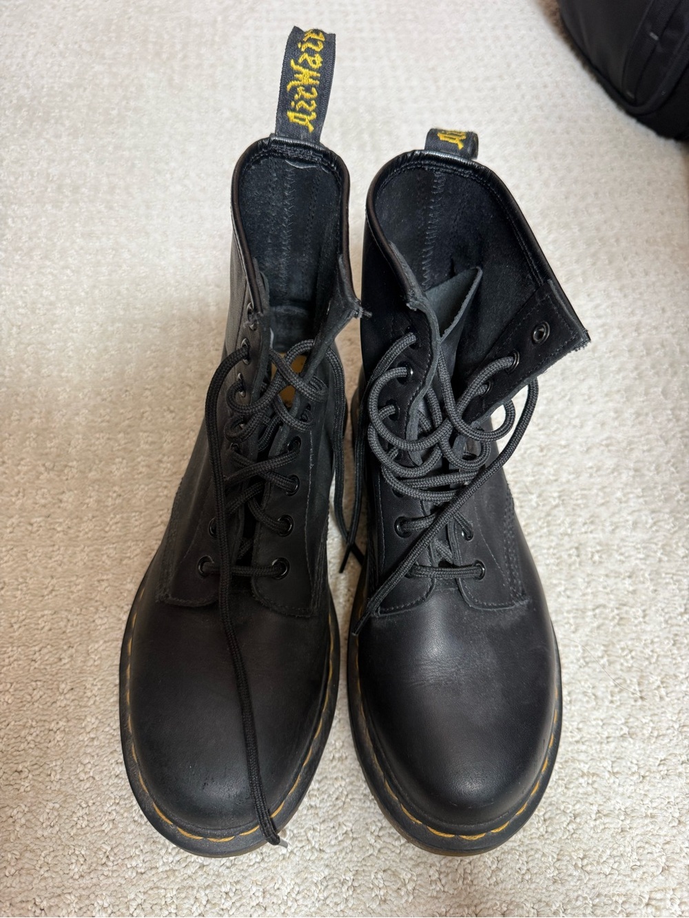 Doc Martens Black Lace-Up Men's Boots with Yellow Stitching